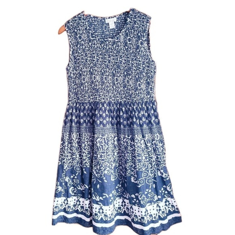 Phases Peasant‎ Boho Dress Women's Medium Blue Smocked Floral Cotton Excellent M